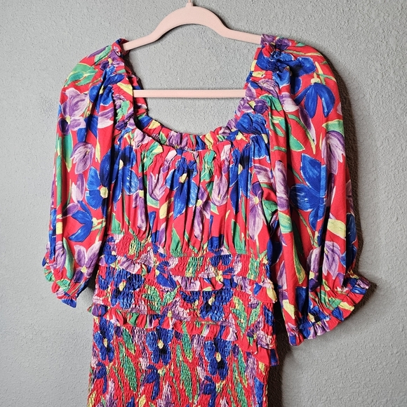 Skies Are Blue Dress Medium Red Blue Floral Shirred Mini Puff Sleeve Bodycon - Picture 2 of 8